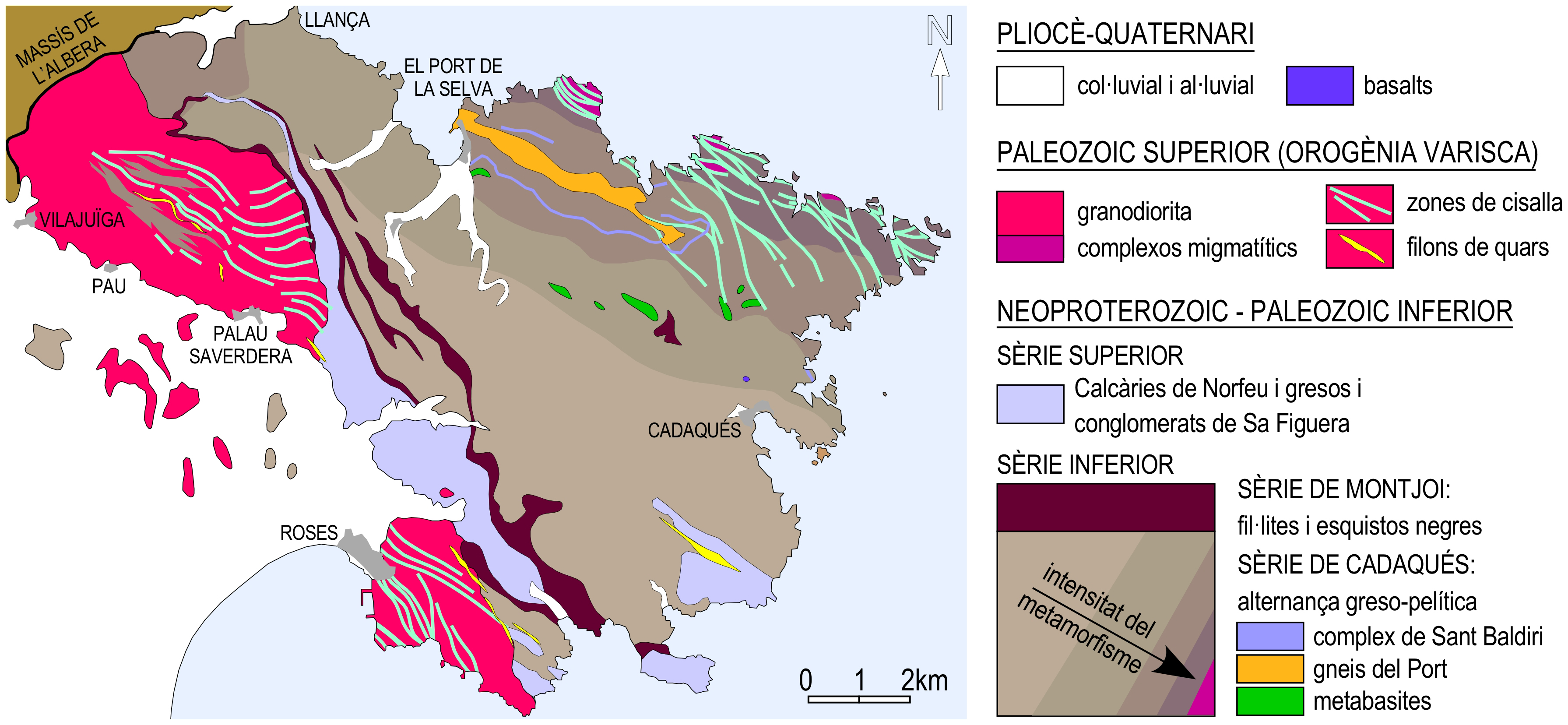 Mapa geològic simplificat de la Península de Cap de Creus, a partir de Carreras i Druguet (2013)